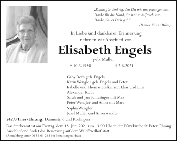 Traueranzeige von Elisabeth Engels von trierischer_volksfreund
