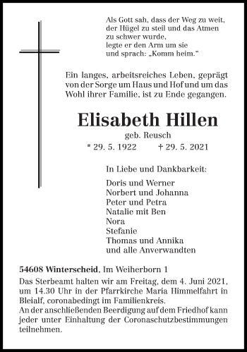 Traueranzeige von Elisabeth Hillen von trierischer_volksfreund