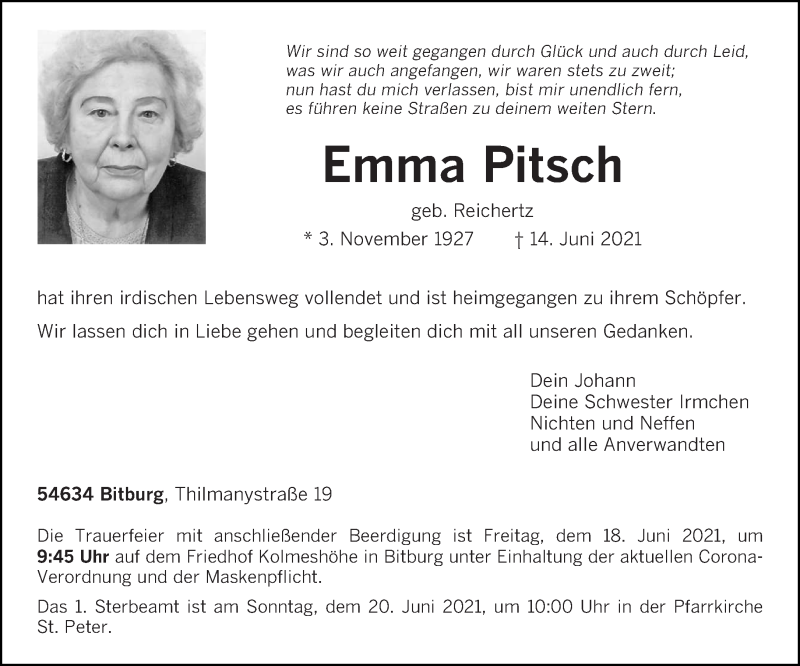  Traueranzeige für Emma Pitsch vom 17.06.2021 aus trierischer_volksfreund