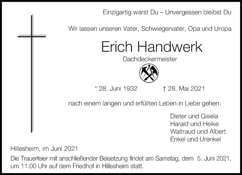  Traueranzeige für Erich Handwerk vom 02.06.2021 aus trierischer_volksfreund
