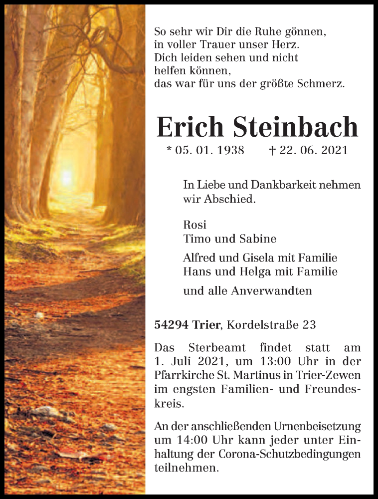  Traueranzeige für Erich Steinbach vom 26.06.2021 aus trierischer_volksfreund
