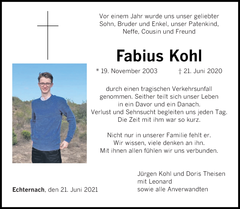 Traueranzeige für Fabius Kohl vom 21.06.2021 aus trierischer_volksfreund