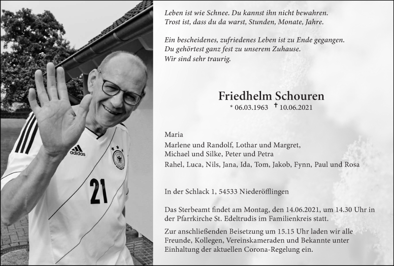  Traueranzeige für Friedhelm Schouren vom 12.06.2021 aus trierischer_volksfreund