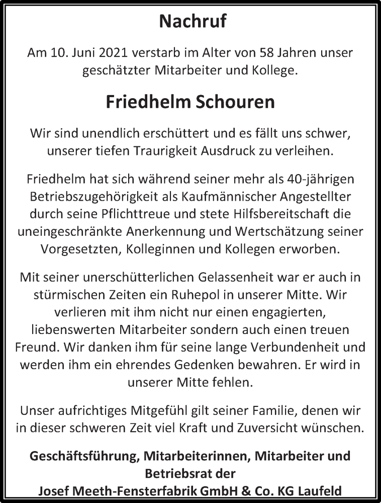  Traueranzeige für Friedhelm Schouren vom 12.06.2021 aus trierischer_volksfreund