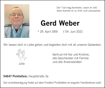 Traueranzeige von Gerd Weber von trierischer_volksfreund
