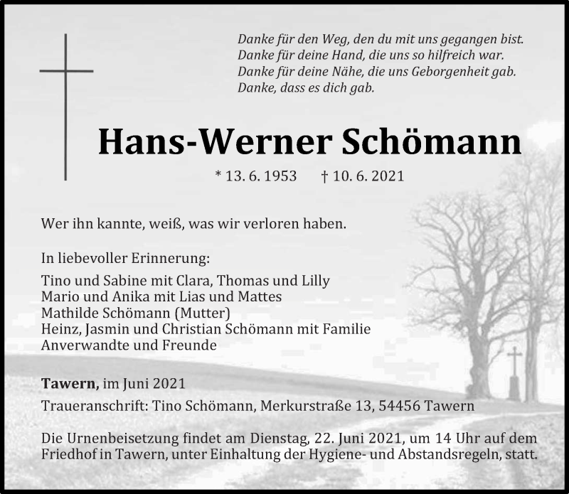  Traueranzeige für Hans-Werner Schömann vom 16.06.2021 aus trierischer_volksfreund