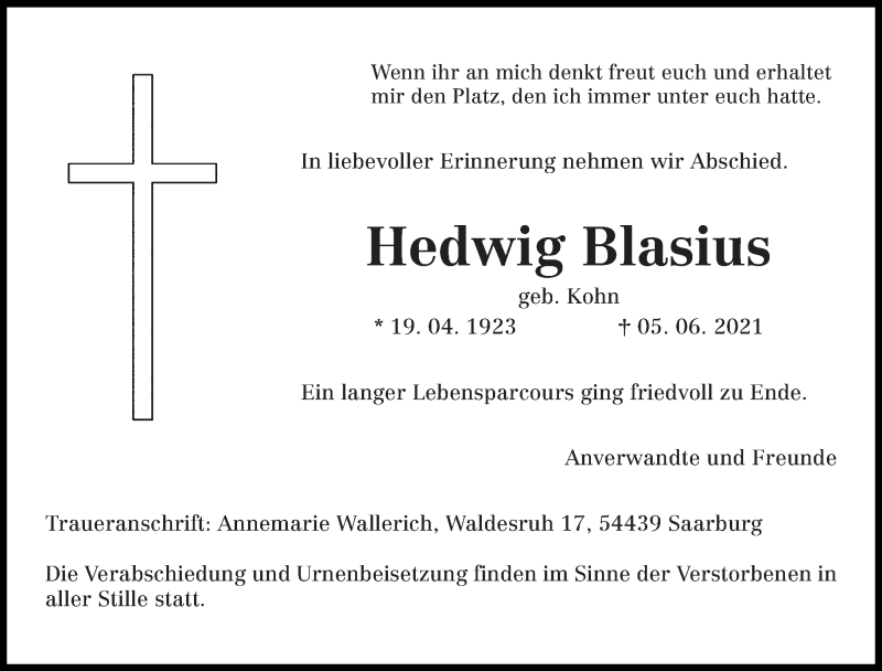  Traueranzeige für Hedwig Blasius vom 08.06.2021 aus trierischer_volksfreund