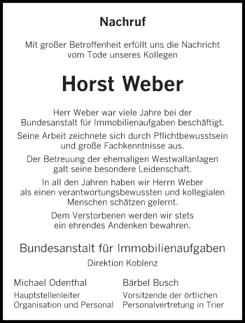 Traueranzeige von Horst Weber von trierischer_volksfreund