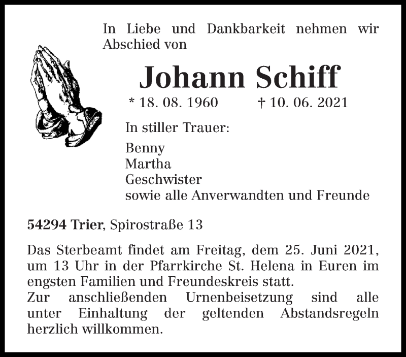  Traueranzeige für Johann Schiff vom 16.06.2021 aus trierischer_volksfreund