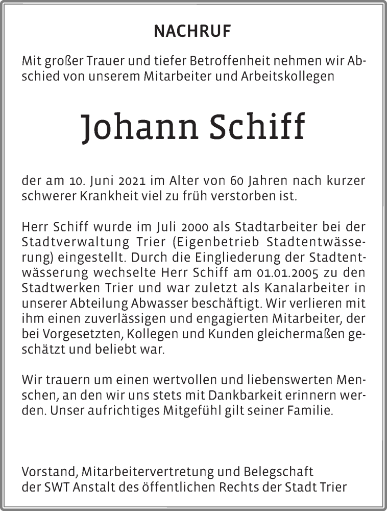  Traueranzeige für Johann Schiff vom 17.06.2021 aus trierischer_volksfreund