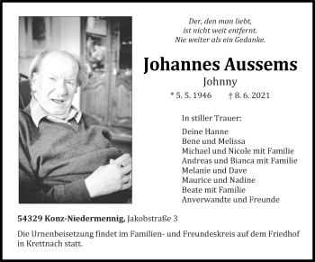 Traueranzeige von Johannes Aussems von trierischer_volksfreund