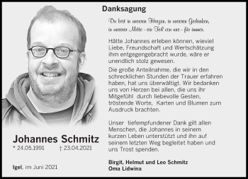 Traueranzeige von Johannes Schmitz von trierischer_volksfreund