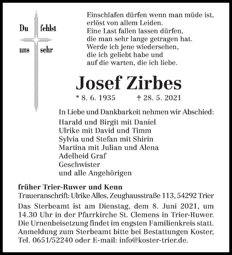  Traueranzeige für Josef Zirbes vom 02.06.2021 aus trierischer_volksfreund