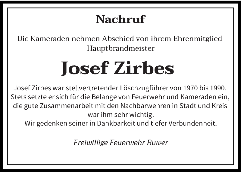  Traueranzeige für Josef Zirbes vom 04.06.2021 aus trierischer_volksfreund