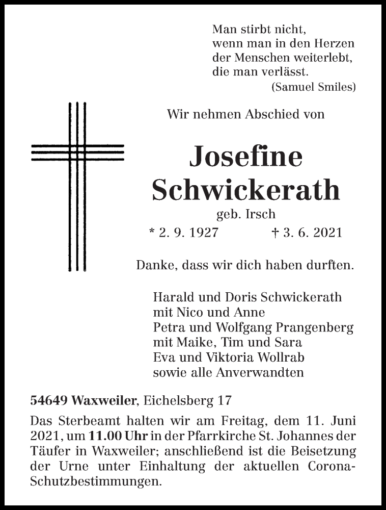  Traueranzeige für Josefine Schwickerath vom 09.06.2021 aus trierischer_volksfreund