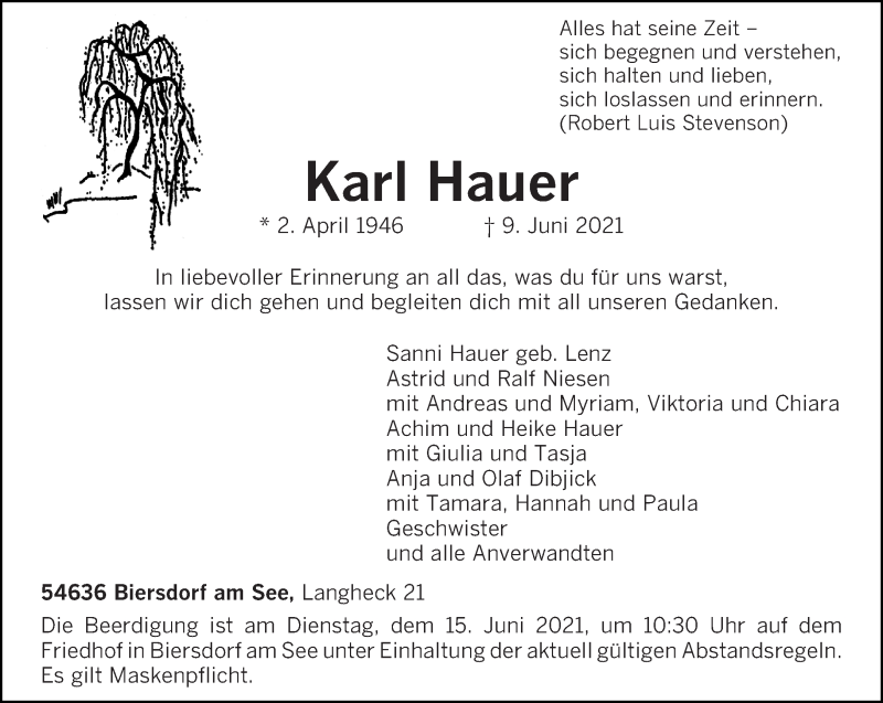  Traueranzeige für Karl Hauer vom 12.06.2021 aus trierischer_volksfreund