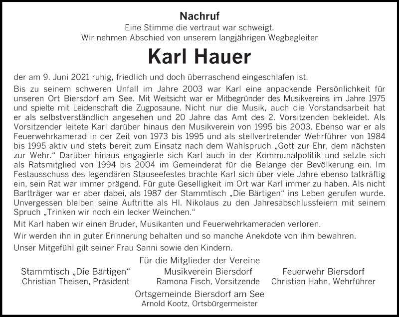  Traueranzeige für Karl Hauer vom 12.06.2021 aus trierischer_volksfreund