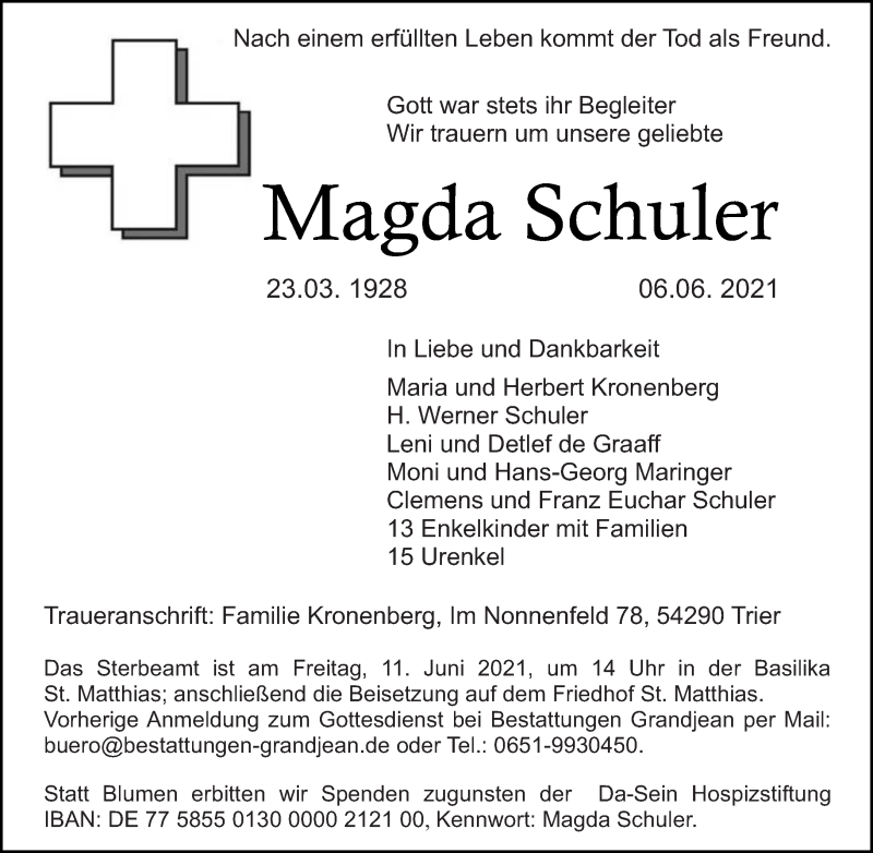  Traueranzeige für Magda Schuler vom 09.06.2021 aus trierischer_volksfreund