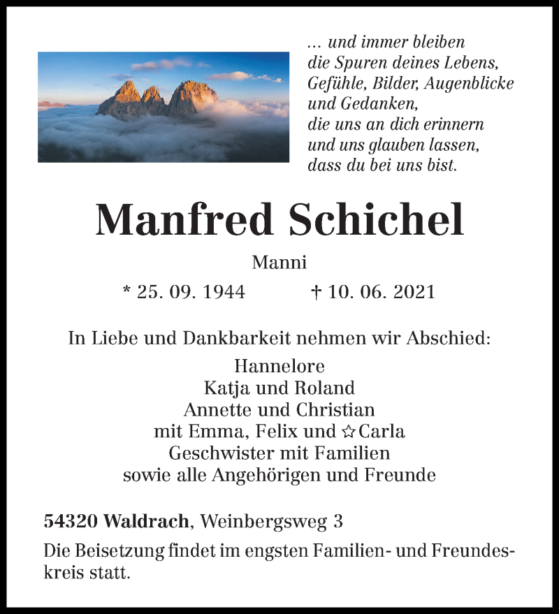  Traueranzeige für Manfred Schichel vom 16.06.2021 aus trierischer_volksfreund