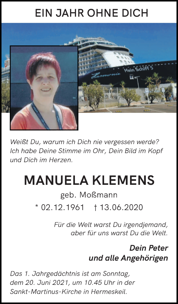  Traueranzeige für Manuela Klemens vom 19.06.2021 aus trierischer_volksfreund