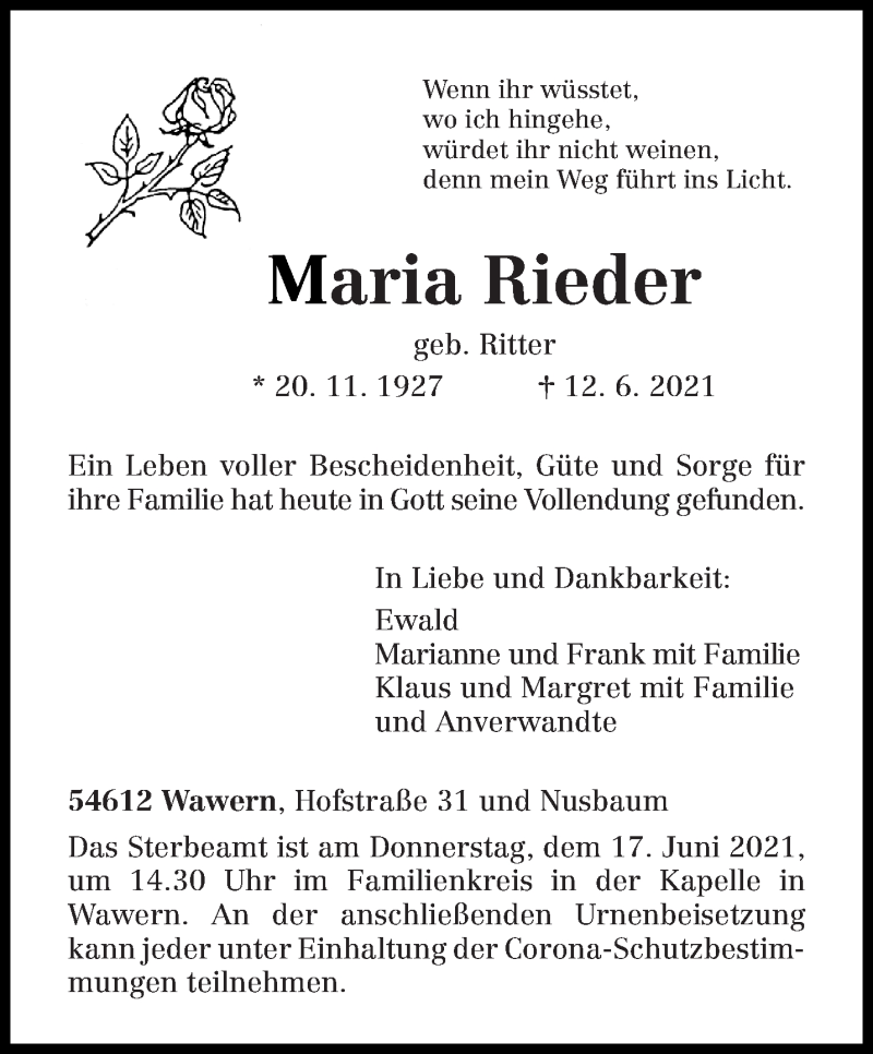  Traueranzeige für Maria Rieder vom 15.06.2021 aus trierischer_volksfreund