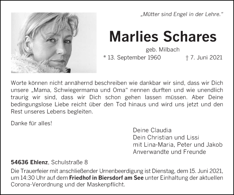  Traueranzeige für Marlies Schares vom 09.06.2021 aus trierischer_volksfreund