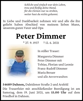 Traueranzeige von Peter Dimmer von trierischer_volksfreund