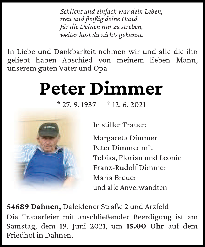 Traueranzeige für Peter Dimmer vom 15.06.2021 aus trierischer_volksfreund