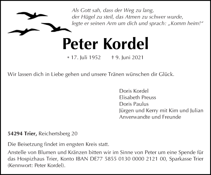  Traueranzeige für Peter Kordel vom 12.06.2021 aus trierischer_volksfreund