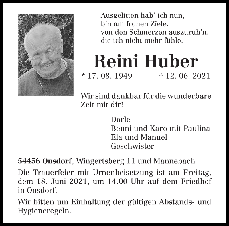  Traueranzeige für Reini Huber vom 16.06.2021 aus trierischer_volksfreund