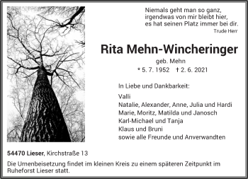 Traueranzeige von Rita Mehn-Wincheringer von trierischer_volksfreund