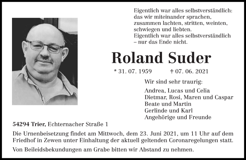  Traueranzeige für Roland Suder vom 16.06.2021 aus trierischer_volksfreund