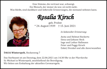 Traueranzeige von Rosalia Kirsch von trierischer_volksfreund