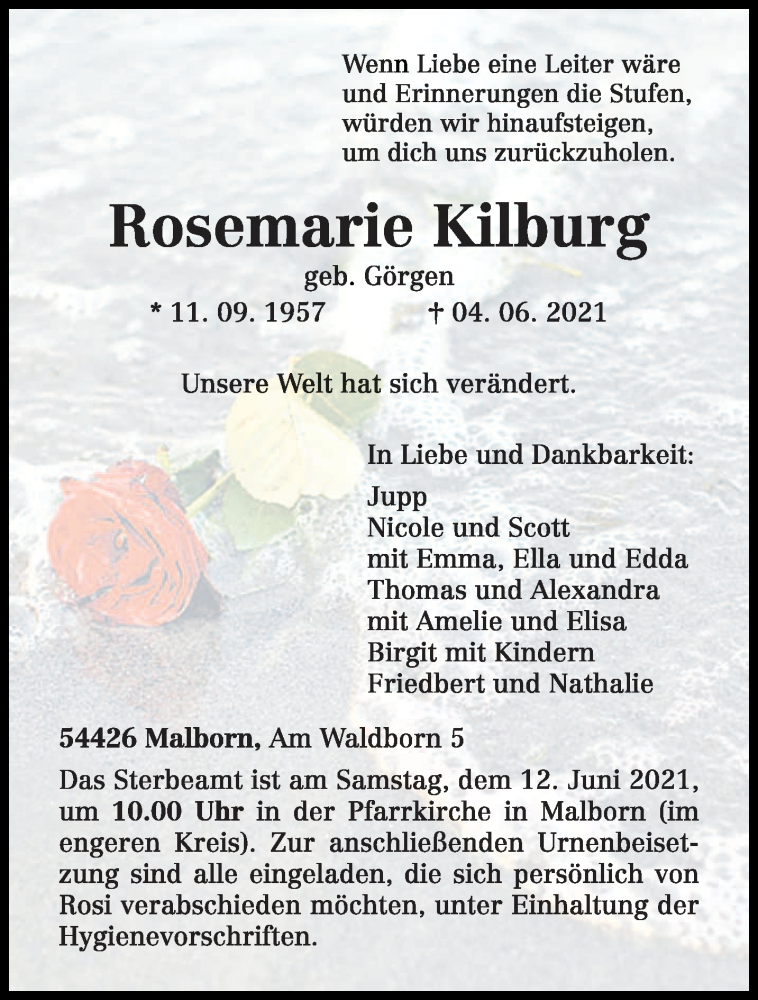  Traueranzeige für Rosemarie Kilburg vom 09.06.2021 aus trierischer_volksfreund
