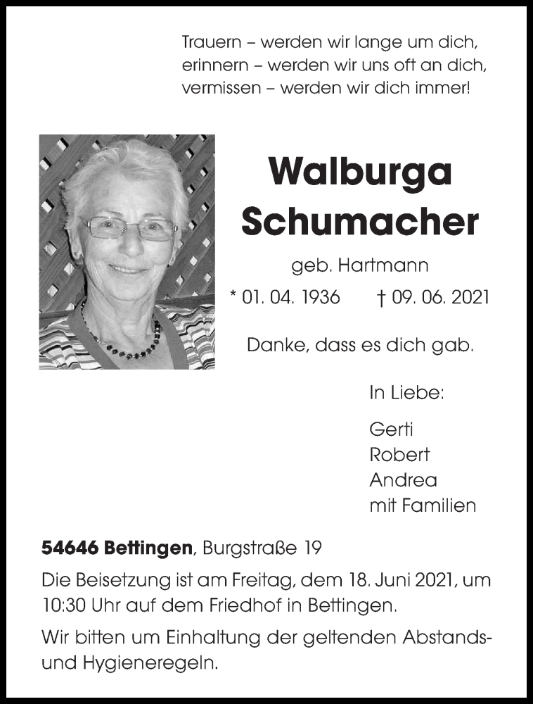  Traueranzeige für Walburga Schumacher vom 12.06.2021 aus trierischer_volksfreund