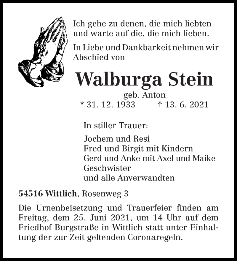  Traueranzeige für Walburga Stein vom 19.06.2021 aus trierischer_volksfreund