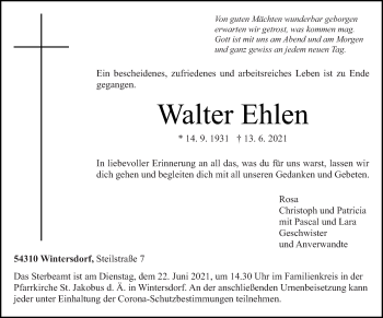 Traueranzeige von Walter Ehlen von trierischer_volksfreund