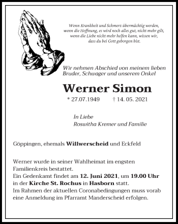 Traueranzeige von Werner Simon von trierischer_volksfreund