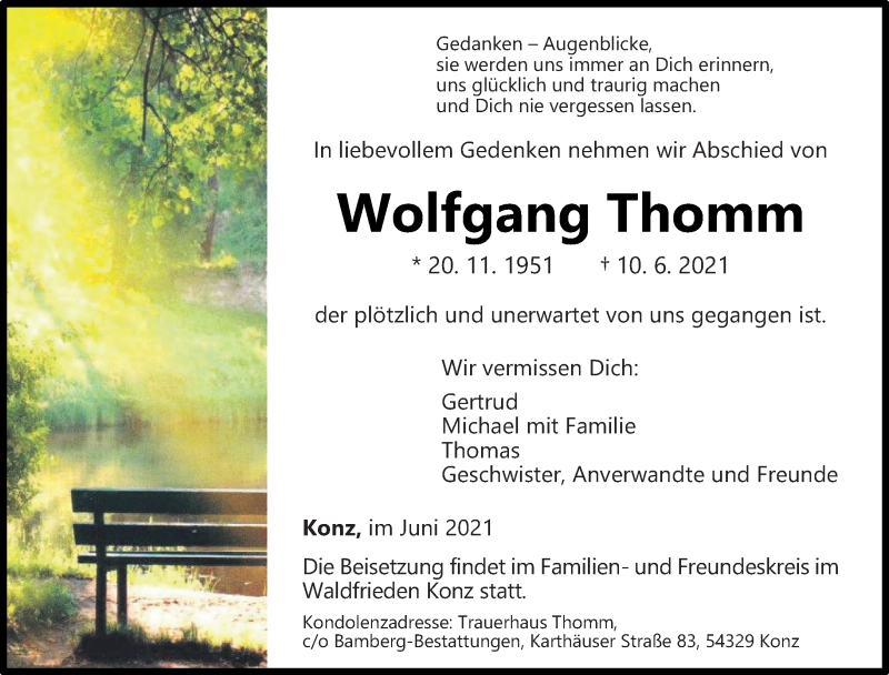  Traueranzeige für Wolfgang Thomm vom 16.06.2021 aus trierischer_volksfreund