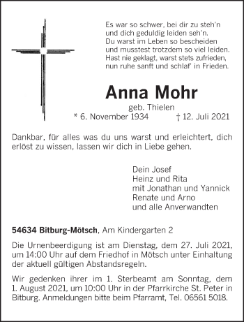 Traueranzeige von Anna Mohr von trierischer_volksfreund