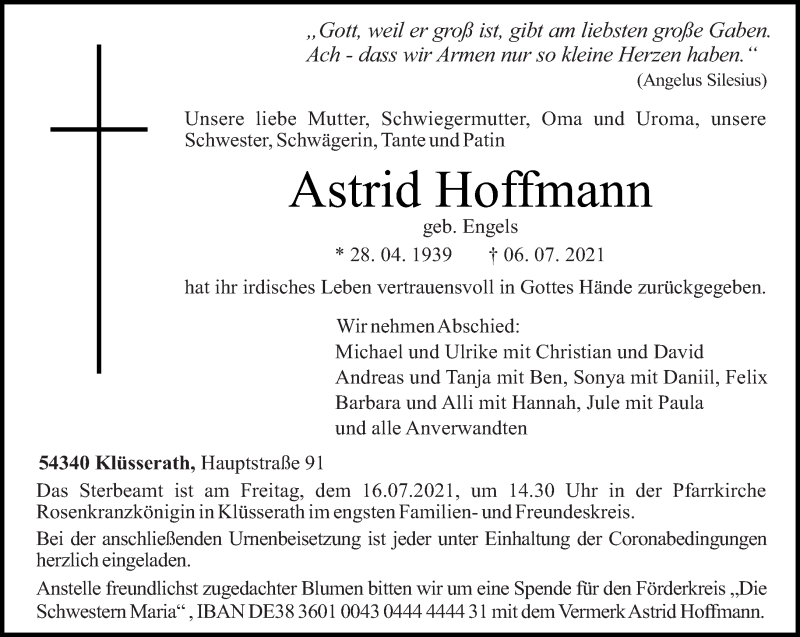  Traueranzeige für Astrid Hoffmann vom 10.07.2021 aus trierischer_volksfreund
