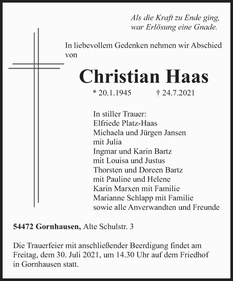  Traueranzeige für Christian Haas vom 27.07.2021 aus trierischer_volksfreund