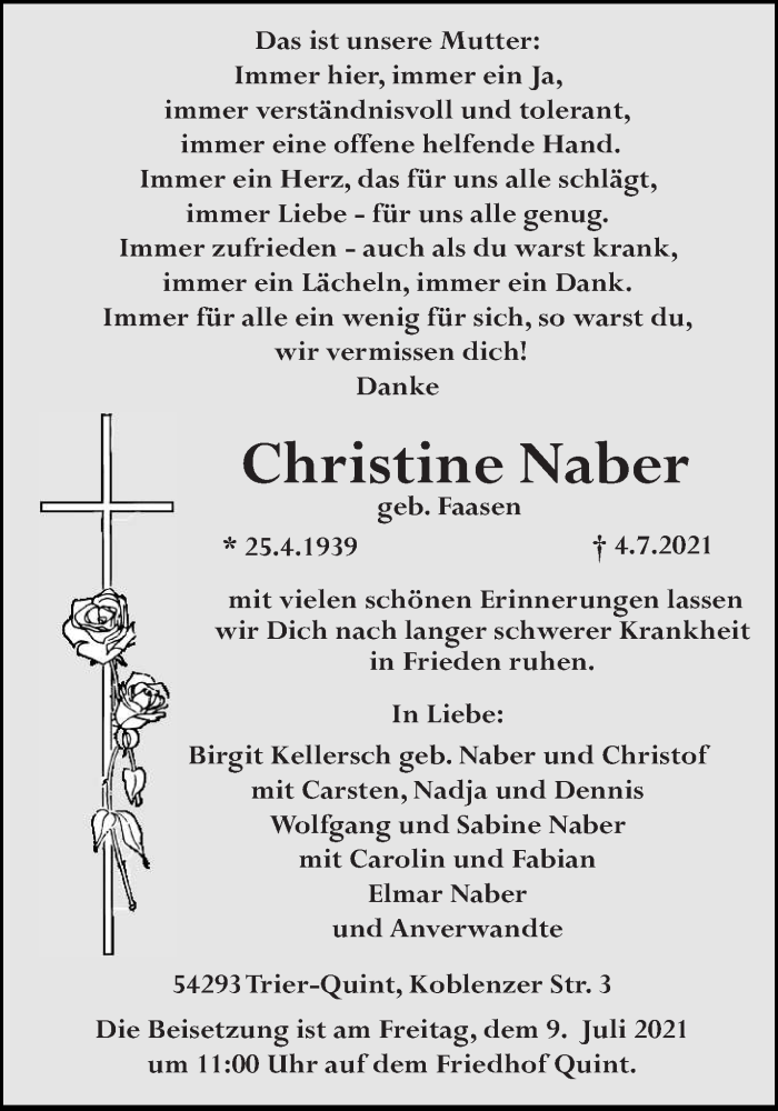  Traueranzeige für Christine Naber vom 07.07.2021 aus trierischer_volksfreund
