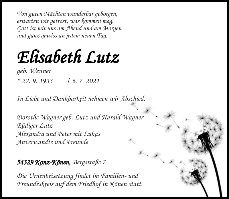  Traueranzeige für Elisabeth Lutz vom 12.07.2021 aus trierischer_volksfreund