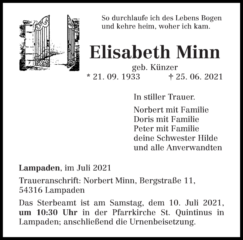  Traueranzeige für Elisabeth Minn vom 07.07.2021 aus trierischer_volksfreund