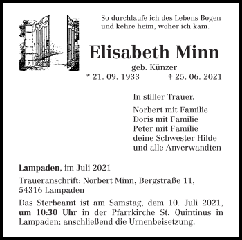 Traueranzeige von Elisabeth Minn von trierischer_volksfreund
