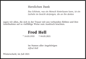 Traueranzeige von Fred Hell von trierischer_volksfreund