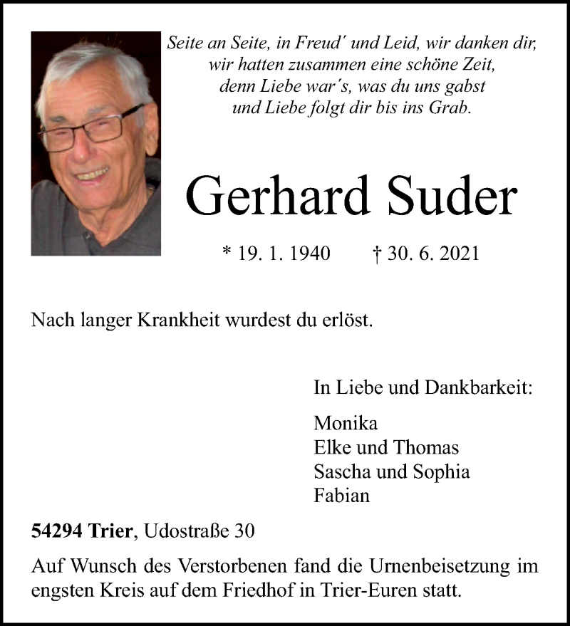  Traueranzeige für Gerhard Suder vom 10.07.2021 aus trierischer_volksfreund