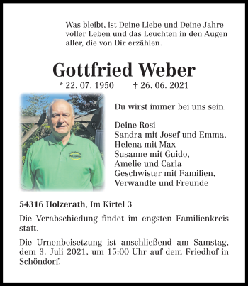 Traueranzeige von Gottfried Weber von trierischer_volksfreund