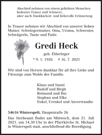 Traueranzeige von Gredi Heck von trierischer_volksfreund